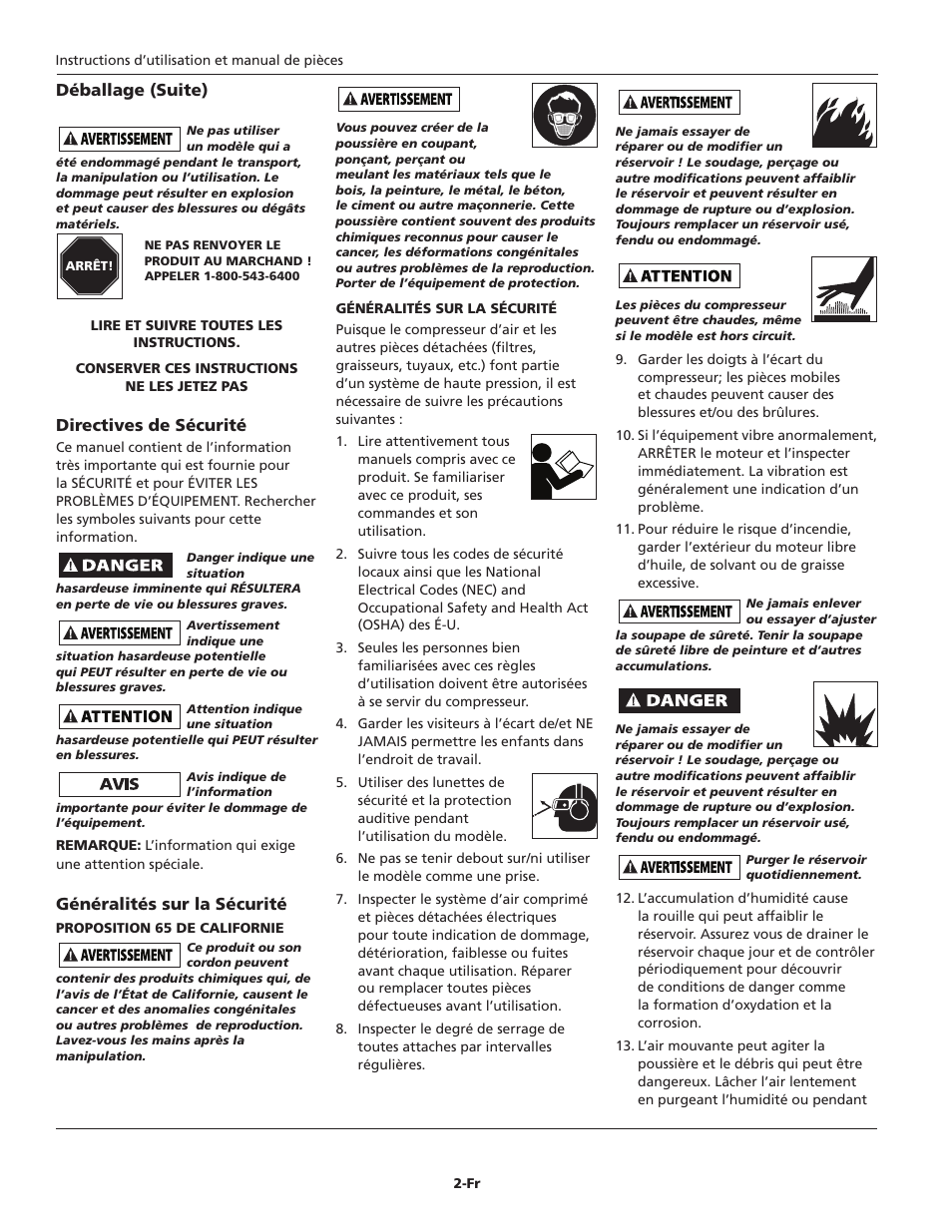 Déballage (suite), Directives de sécurité, Généralités sur la sécurité | Campbell Hausfeld FP2601 User Manual | Page 12 / 32