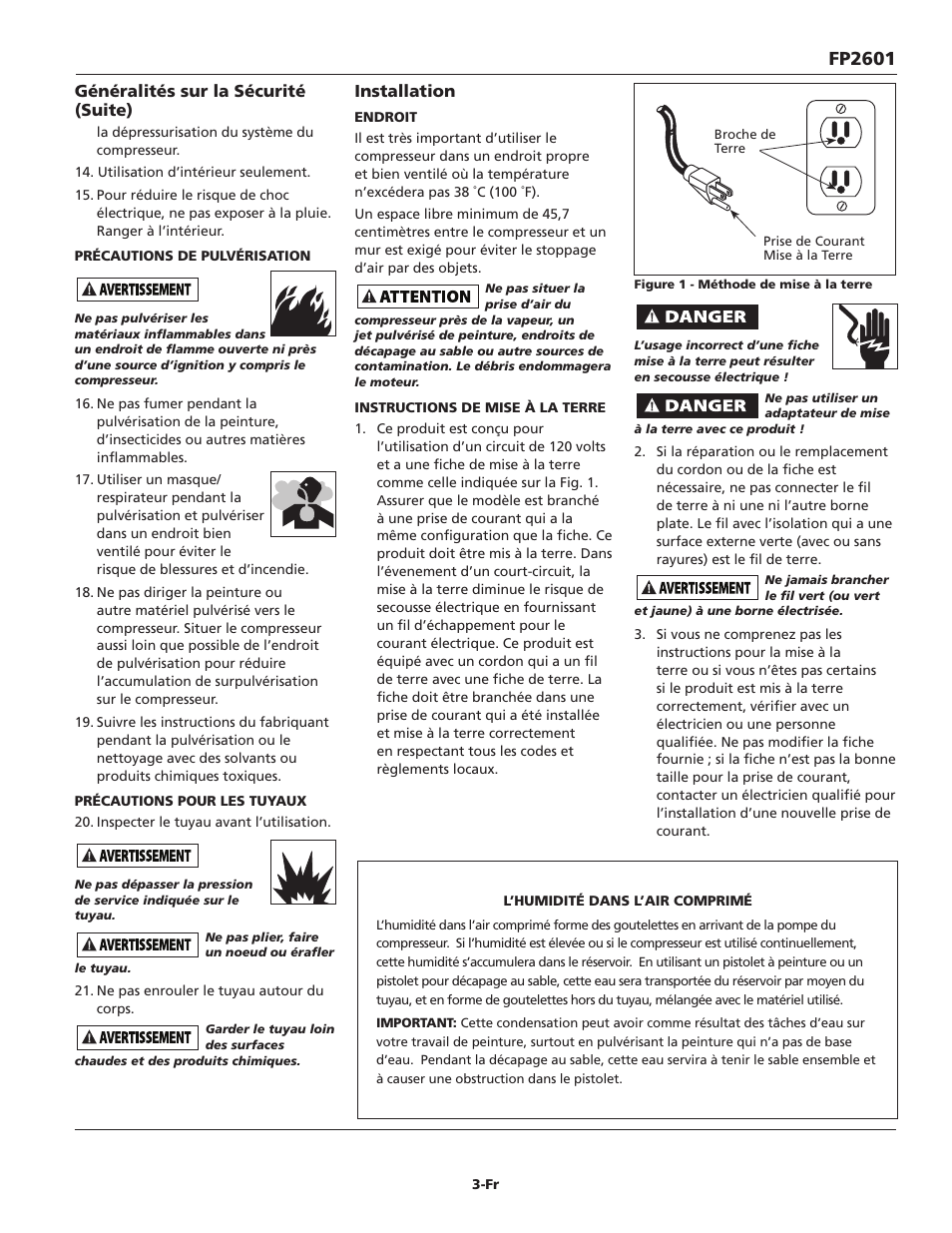Fp2601, Généralités sur la sécurité (suite), Installation | Campbell Hausfeld FP2601 User Manual | Page 13 / 32