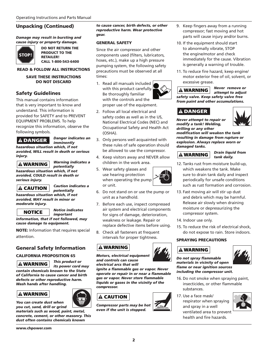 Unpacking (continued), Safety guidelines, General safety information | Campbell Hausfeld FP2601 User Manual | Page 2 / 32