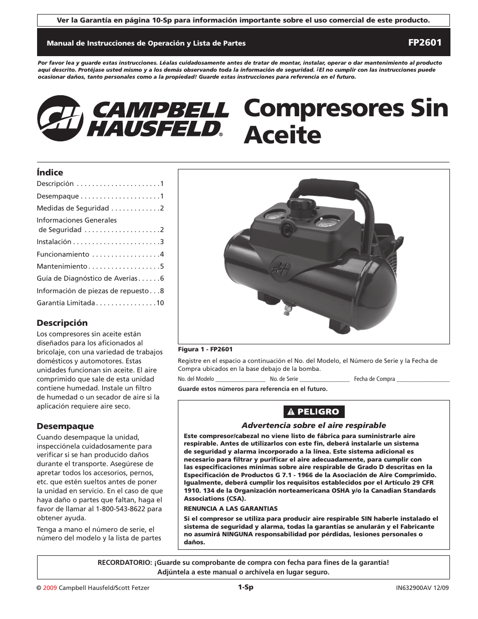 Compresores sin aceite | Campbell Hausfeld FP2601 User Manual | Page 21 / 32
