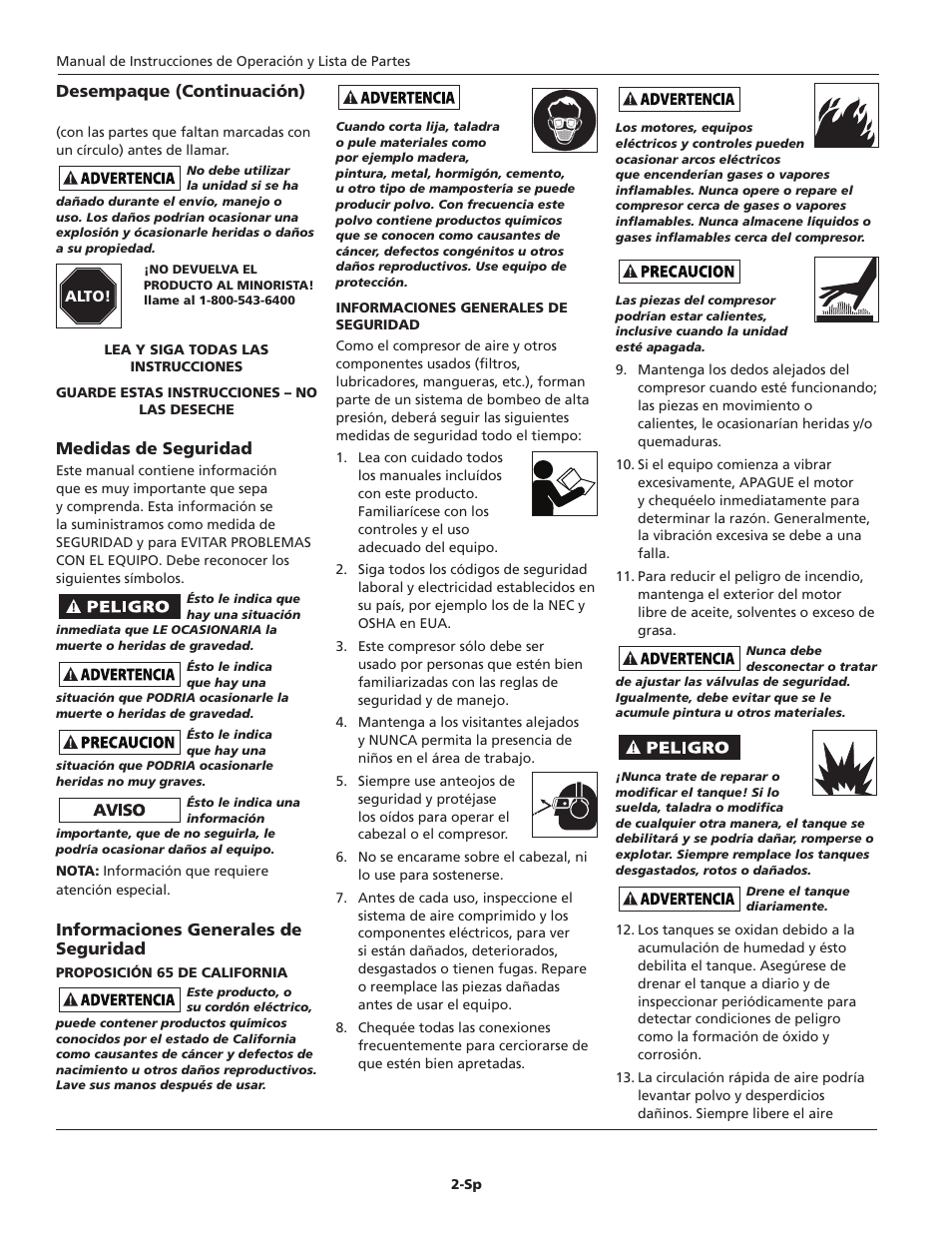 Desempaque (continuación), Medidas de seguridad, Informaciones generales de seguridad | Campbell Hausfeld FP2601 User Manual | Page 22 / 32