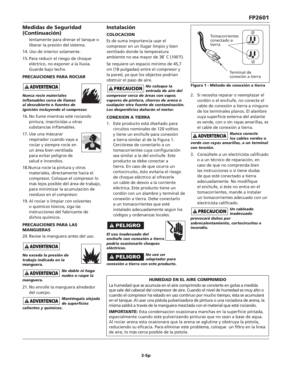 Fp2601, Medidas de seguridad (continuación), Instalación | Campbell Hausfeld FP2601 User Manual | Page 23 / 32