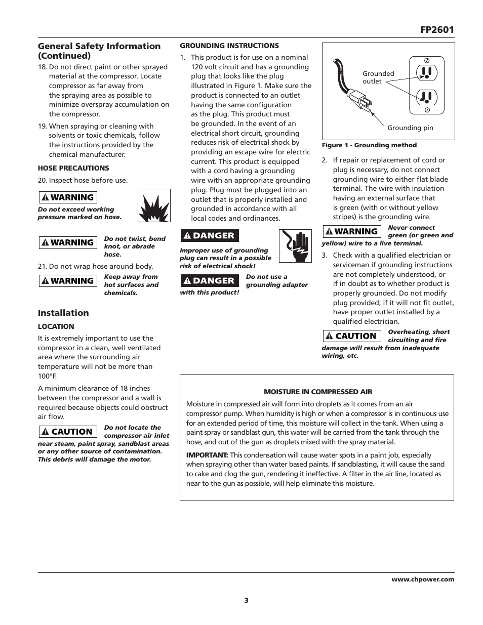 Fp2601, General safety information (continued), Installation | Campbell Hausfeld FP2601 User Manual | Page 3 / 32