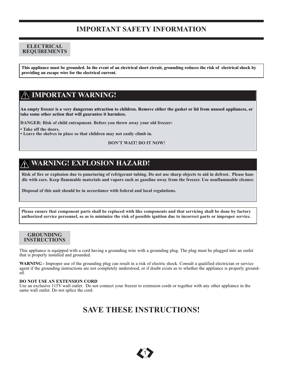 Save these instructions, Important safety information, Important warning | Warning! explosion hazard | Danby DUFM085A2WDD1 User Manual | Page 3 / 23