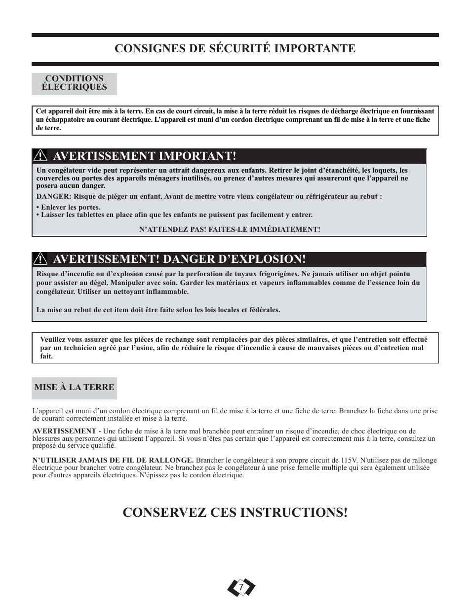 Conservez ces instructions, Consignes de sécurité importante, Avertissement! danger d’explosion | Avertissement important | Danby DUFM085A2WDD1 User Manual | Page 9 / 23