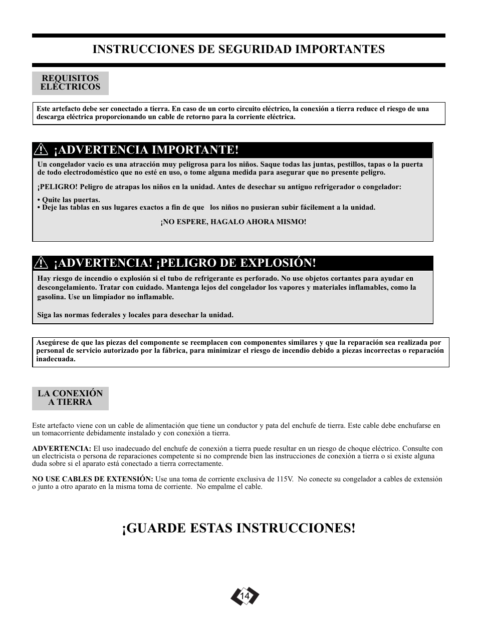 Guarde estas instrucciones, Instrucciones de seguridad importantes, Advertencia! ¡peligro de explosión | Advertencia importante | Danby DUFM085A2WP1 User Manual | Page 16 / 23