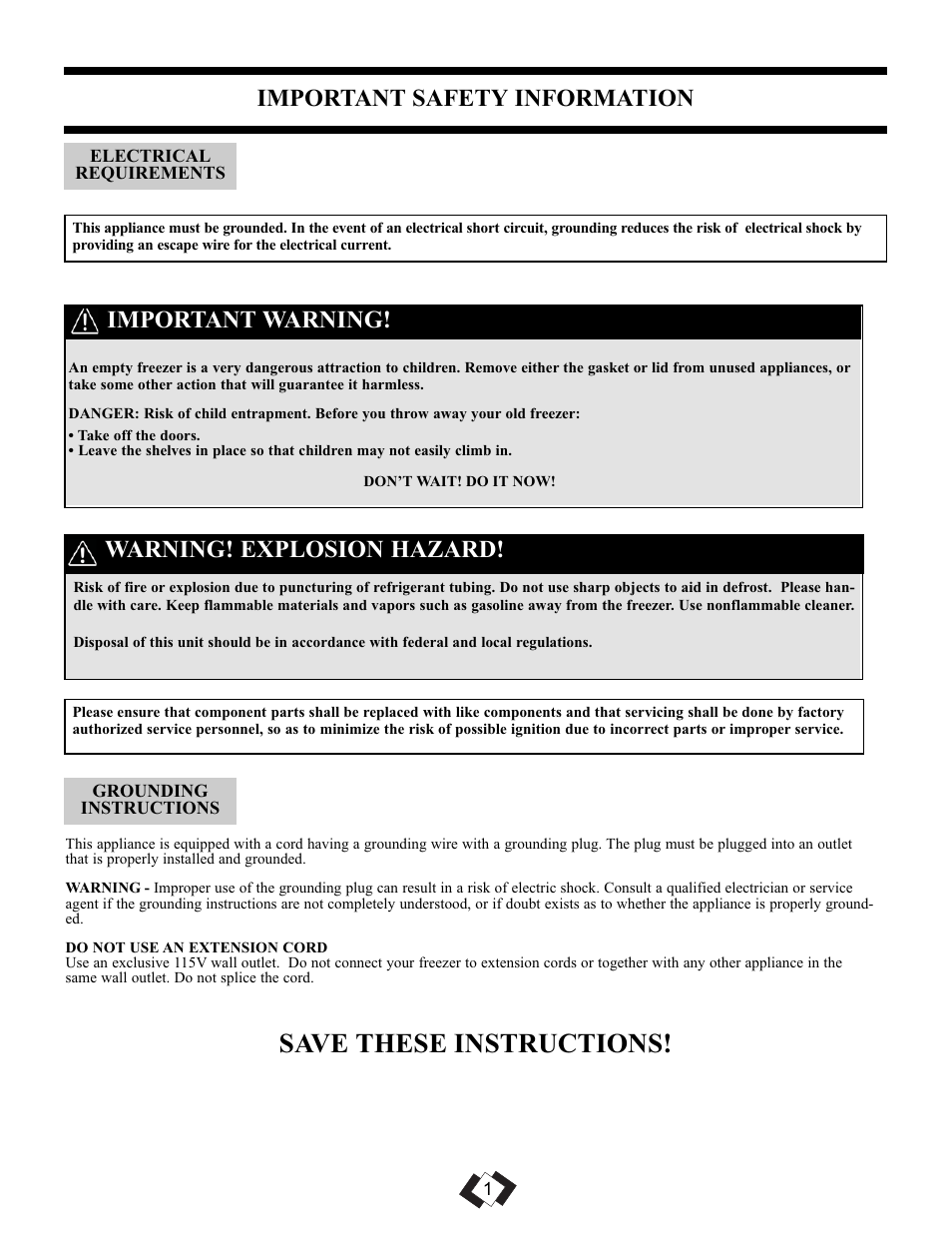 Save these instructions, Important safety information, Important warning | Warning! explosion hazard | Danby DUFM085A2WP1 User Manual | Page 3 / 23