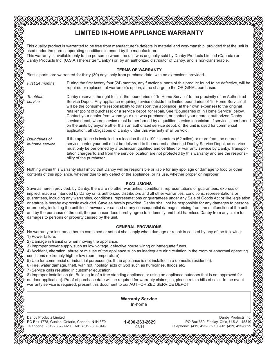 Limited in-home appliance warranty | Danby DUFM085A2WP1 User Manual | Page 8 / 23