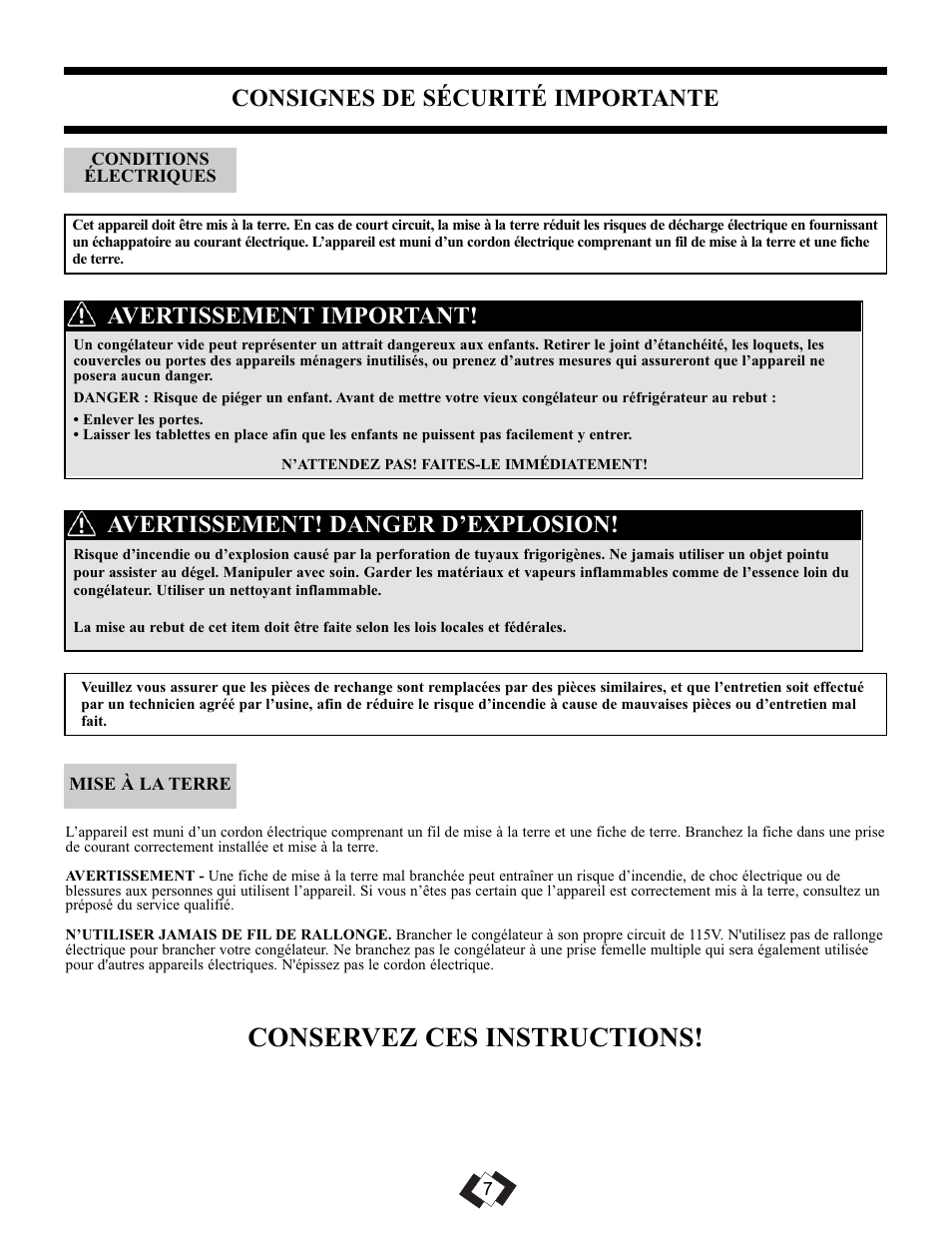 Conservez ces instructions, Consignes de sécurité importante, Avertissement! danger d’explosion | Avertissement important | Danby DUFM085A2WP1 User Manual | Page 9 / 23