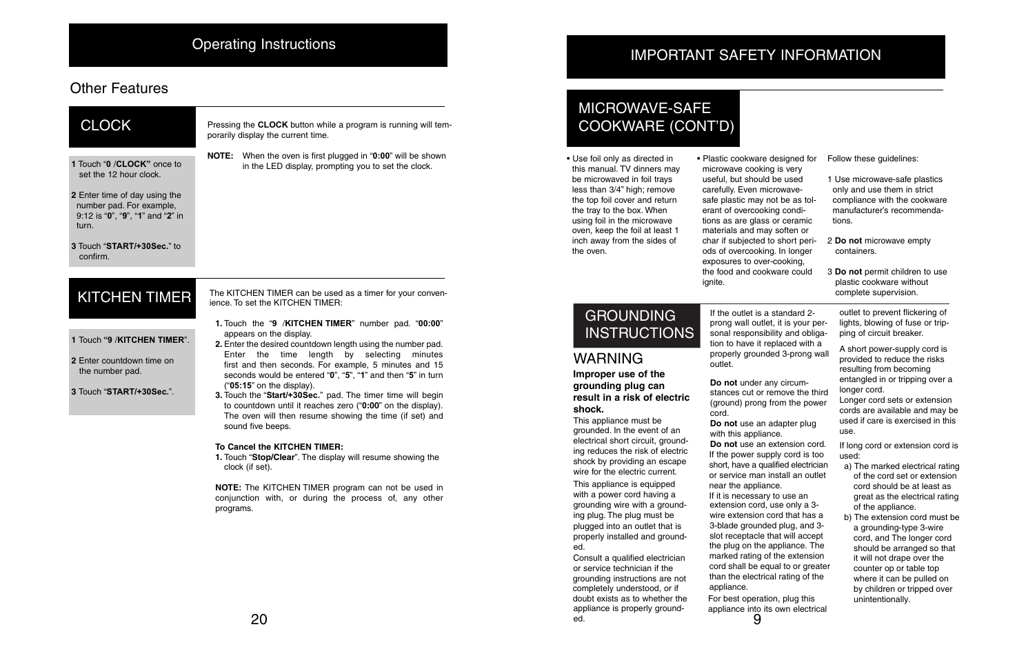 Other features 20 clock, Operating instructions, Kitchen timer | Danby DMW608BL User Manual | Page 11 / 16