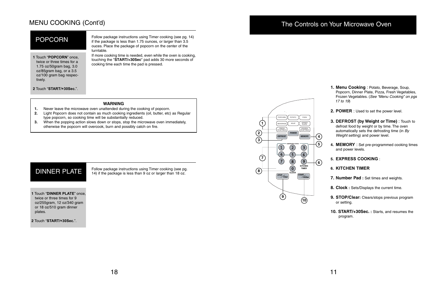 Menu cooking (cont’d) 18 popcorn, Dinner plate, 11 the controls on your microwave oven | Danby DMW608BL User Manual | Page 13 / 16