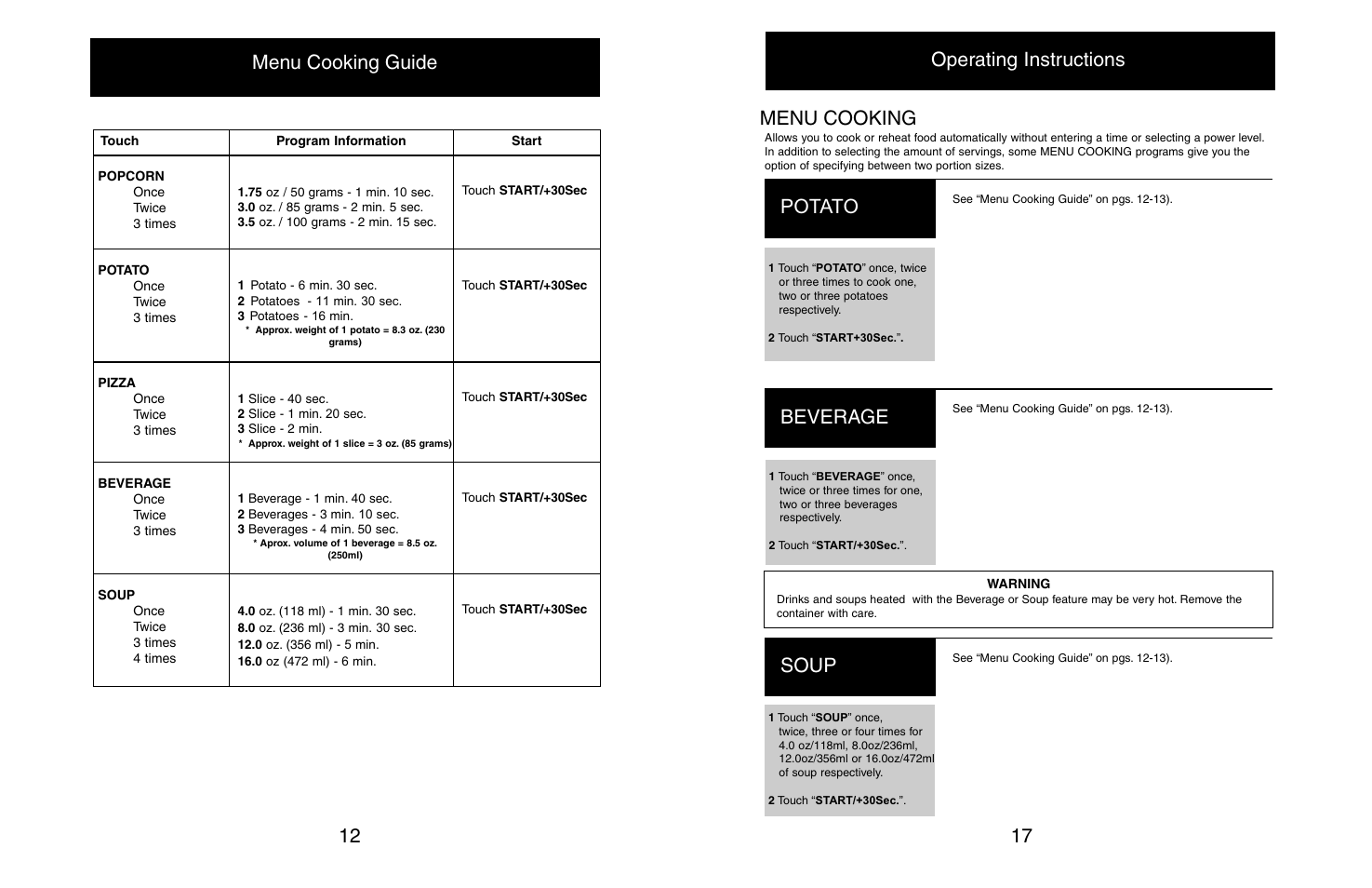 Menu cooking 17 potato, Operating instructions, Beverage | Soup, 12 menu cooking guide | Danby DMW608BL User Manual | Page 14 / 16