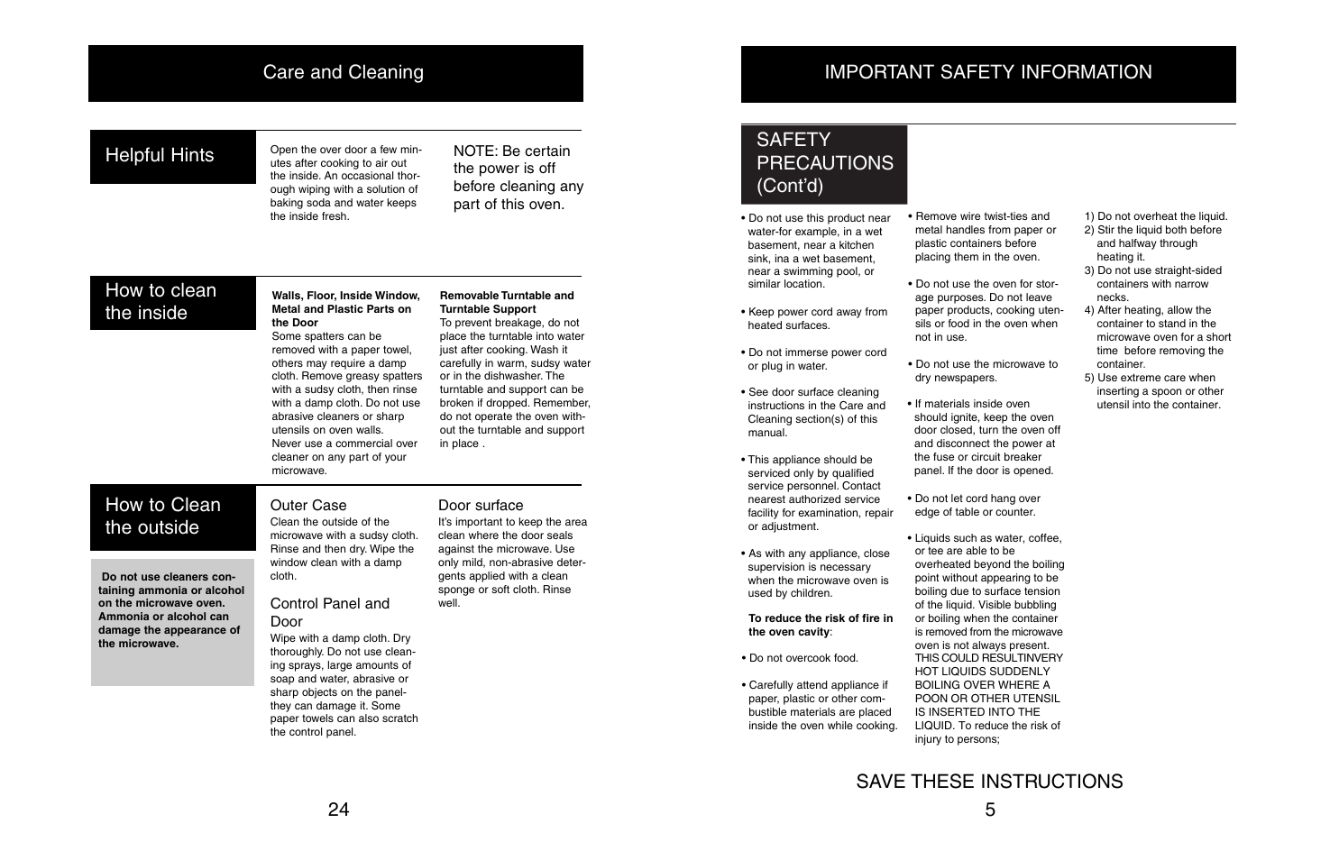 5important safety information 24 helpful hints, How to clean the inside, Care and cleaning how to clean the outside | Outer case, Control panel and door, Door surface | Danby DMW608BL User Manual | Page 7 / 16