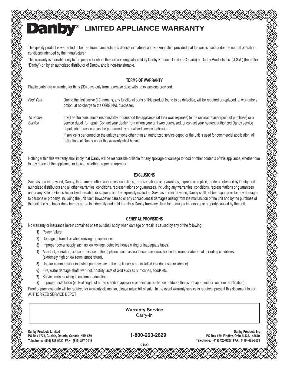 Limited appliance warranty | Danby DIM2500SSDB User Manual | Page 10 / 25