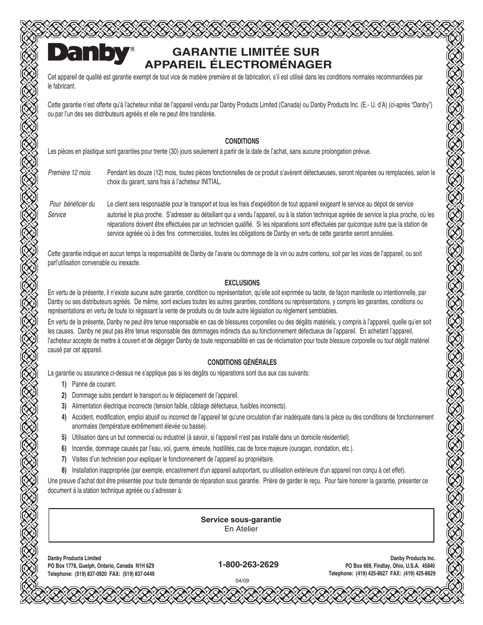 Garantie limitée sur appareil électroménager | Danby DIM2500SSDB User Manual | Page 17 / 25