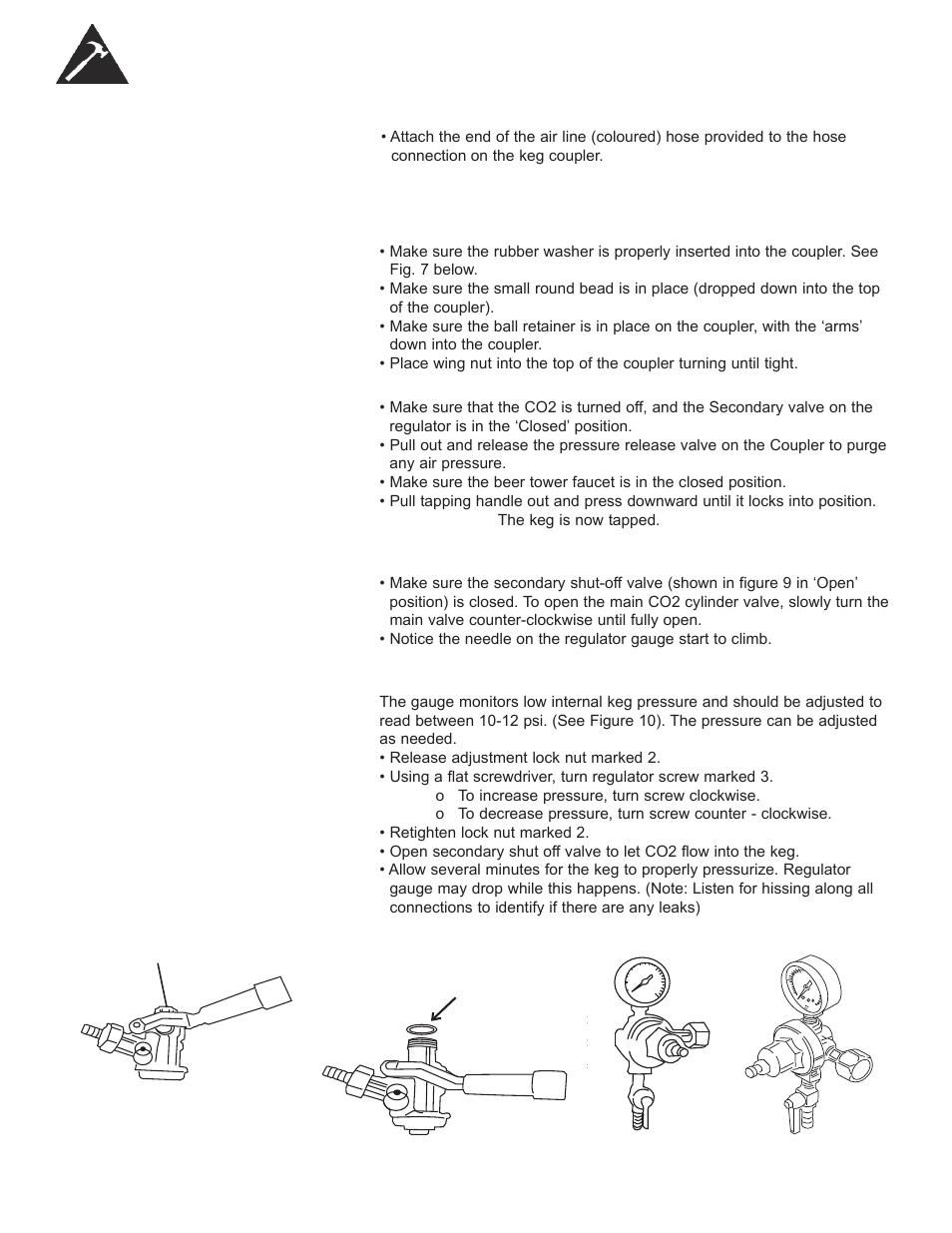 Beer keg installation instructions, Installation of the co2 air line hose, Connecting the beer tower to coupler | How to tap a keg of beer, Opening the co2 cylinder main valve, Adjusting the co2 regulator | Danby DKC052BSLDB-D User Manual | Page 11 / 45