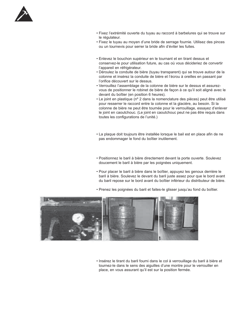 Instructions d’installation du baril à bière, Fixation du tuyau de co2 au régulateur, Installation de la colonne de bière | Installation de la plaque métallique protectrice, Installation du baril à bière, Installation du tirant du baril | Danby DKC052BSLDB-D User Manual | Page 24 / 45