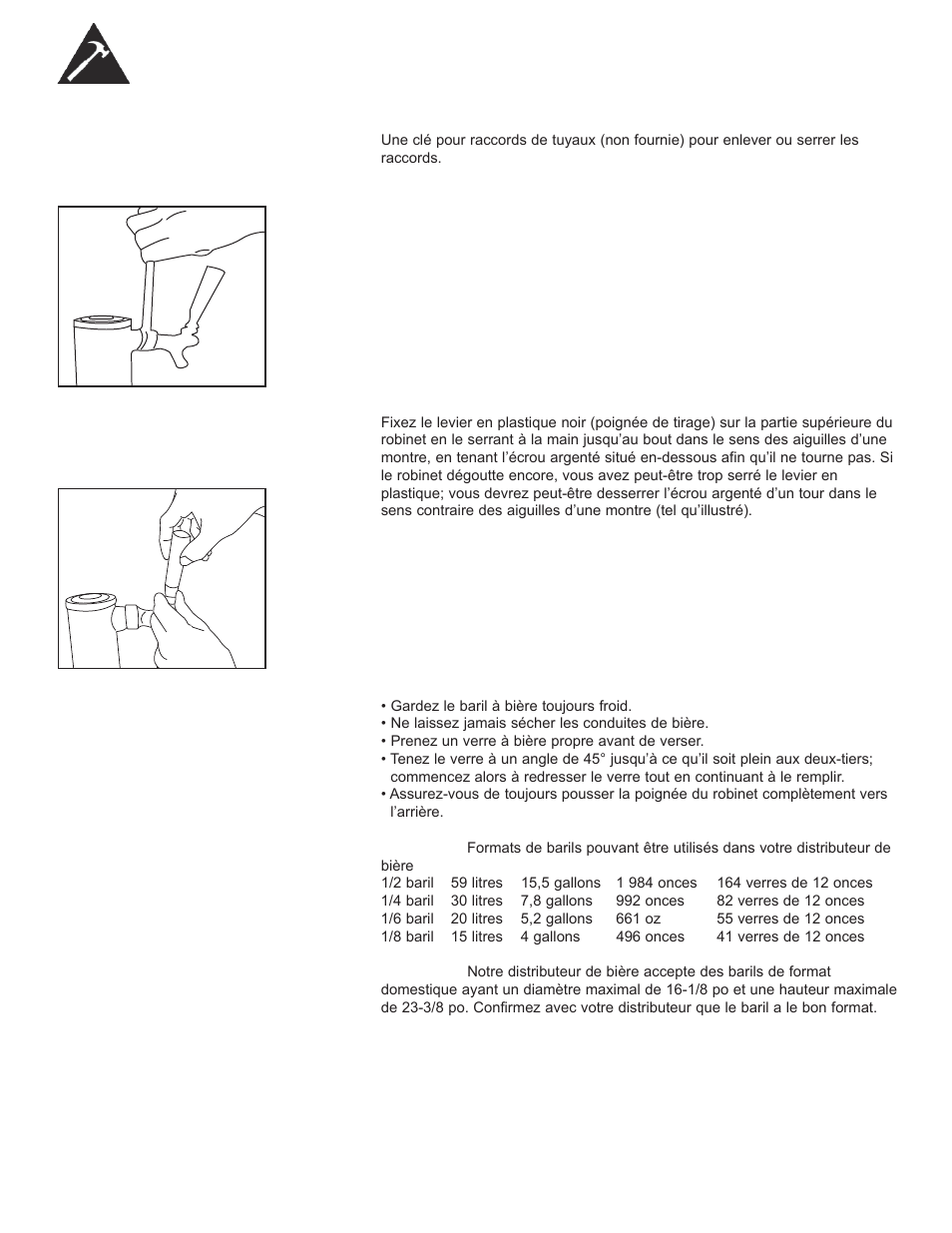 Instructions d’installation du baril à bière, Clé pour raccords de tuyaux (non fournie), Levier en plastique | Comment servir la bière | Danby DKC052BSLDB-D User Manual | Page 26 / 45