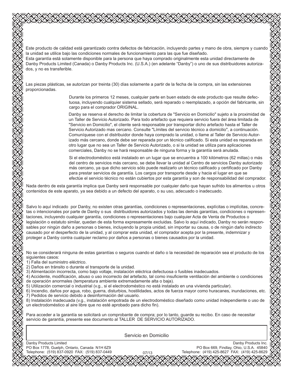 Limited in-home appliance warranty, Garantía limitada para electrodoméstico | Danby DKC052BSLDB-D User Manual | Page 44 / 45