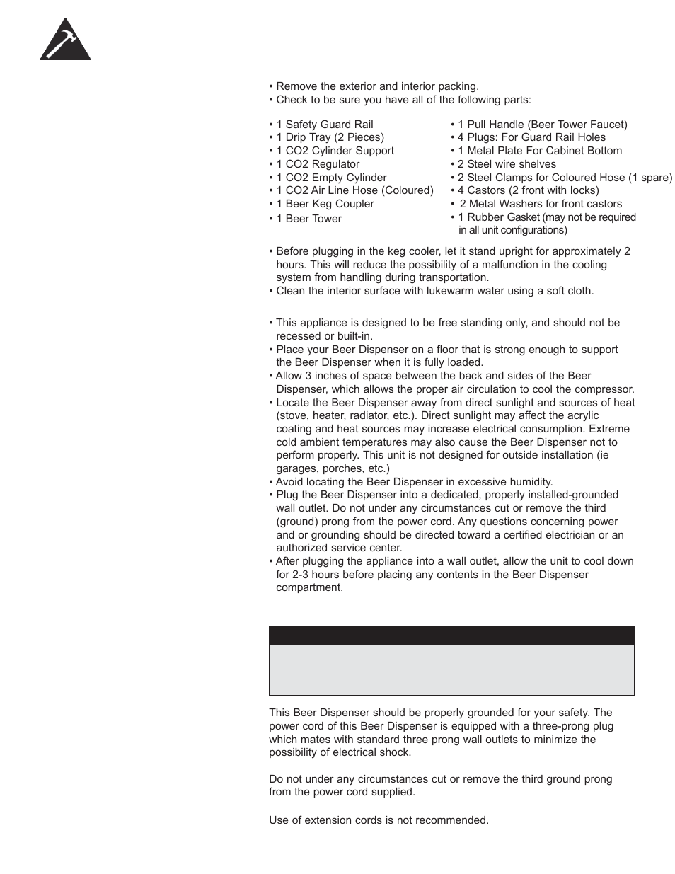 Installation instructions, Before using your beer dispenser, Installation of beer dispenser | Electrical connection, Warning | Danby DKC052BSLDB-D User Manual | Page 7 / 45