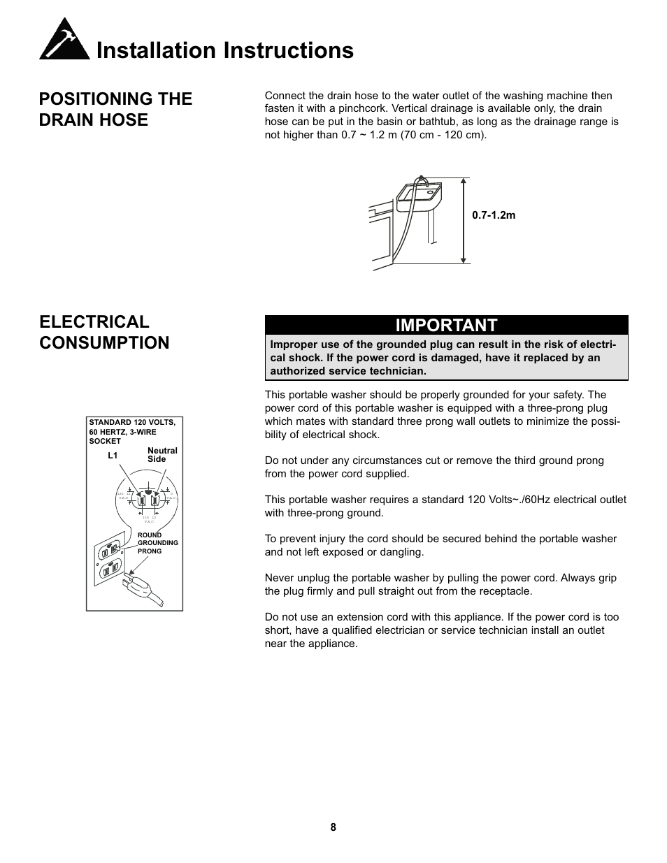 Installation instructions, Positioning the drain hose, Electrical consumption important | Danby DWM17WDB User Manual | Page 10 / 43