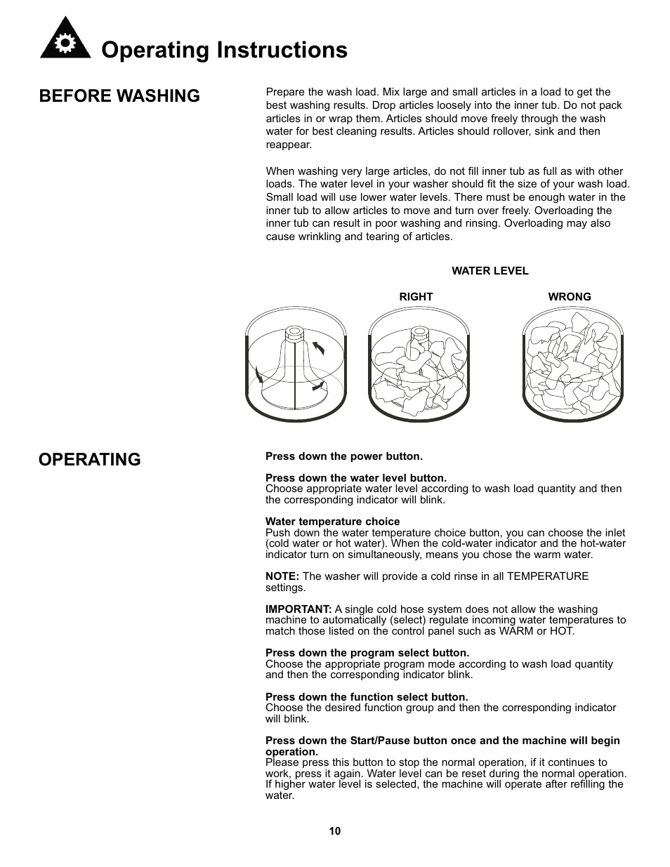 Operating instructions, Before washing, Operating | Danby DWM17WDB User Manual | Page 12 / 43