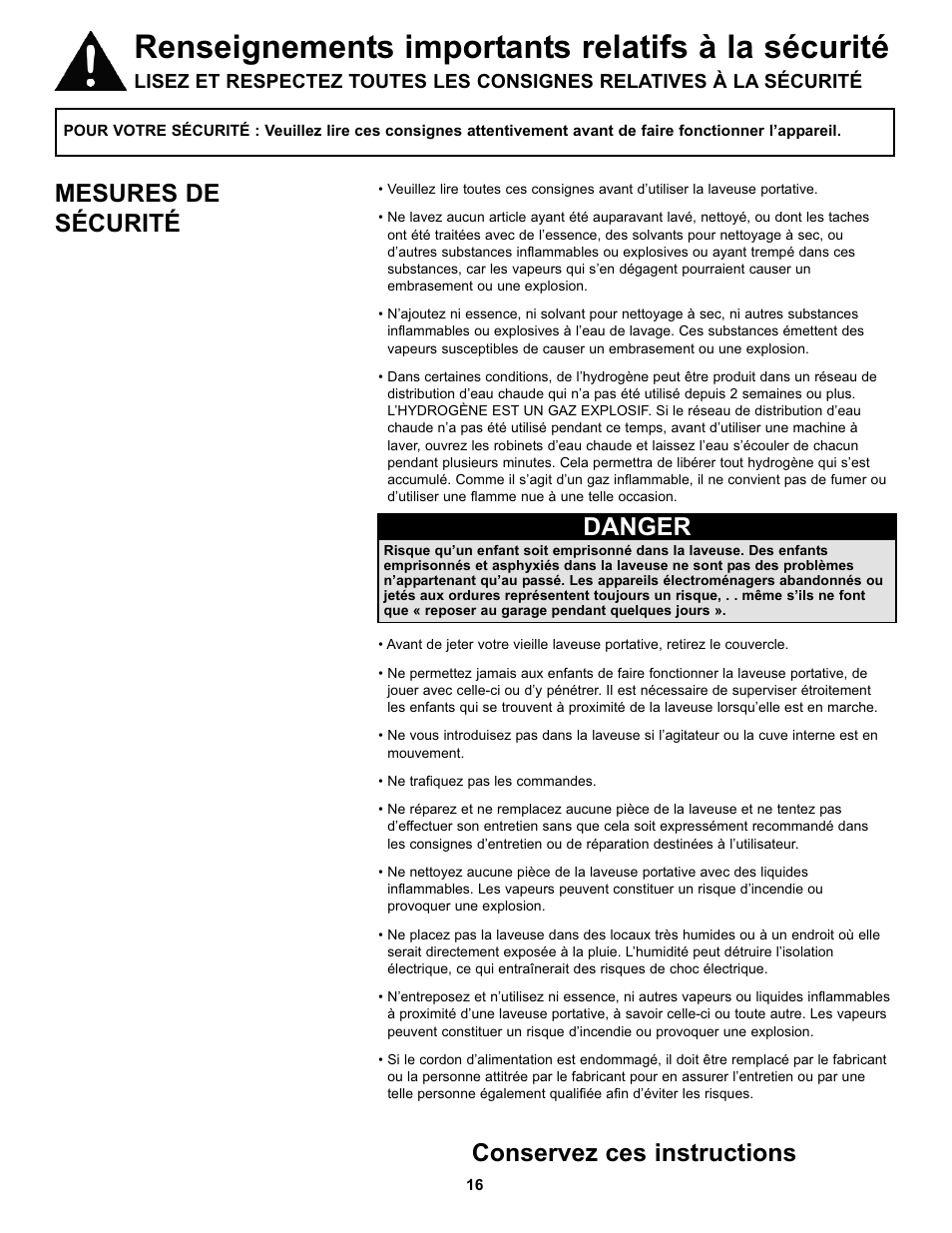 Renseignements importants relatifs à la sécurité, Mesures de sécurité, Conservez ces instructions | Danger | Danby DWM17WDB User Manual | Page 18 / 43