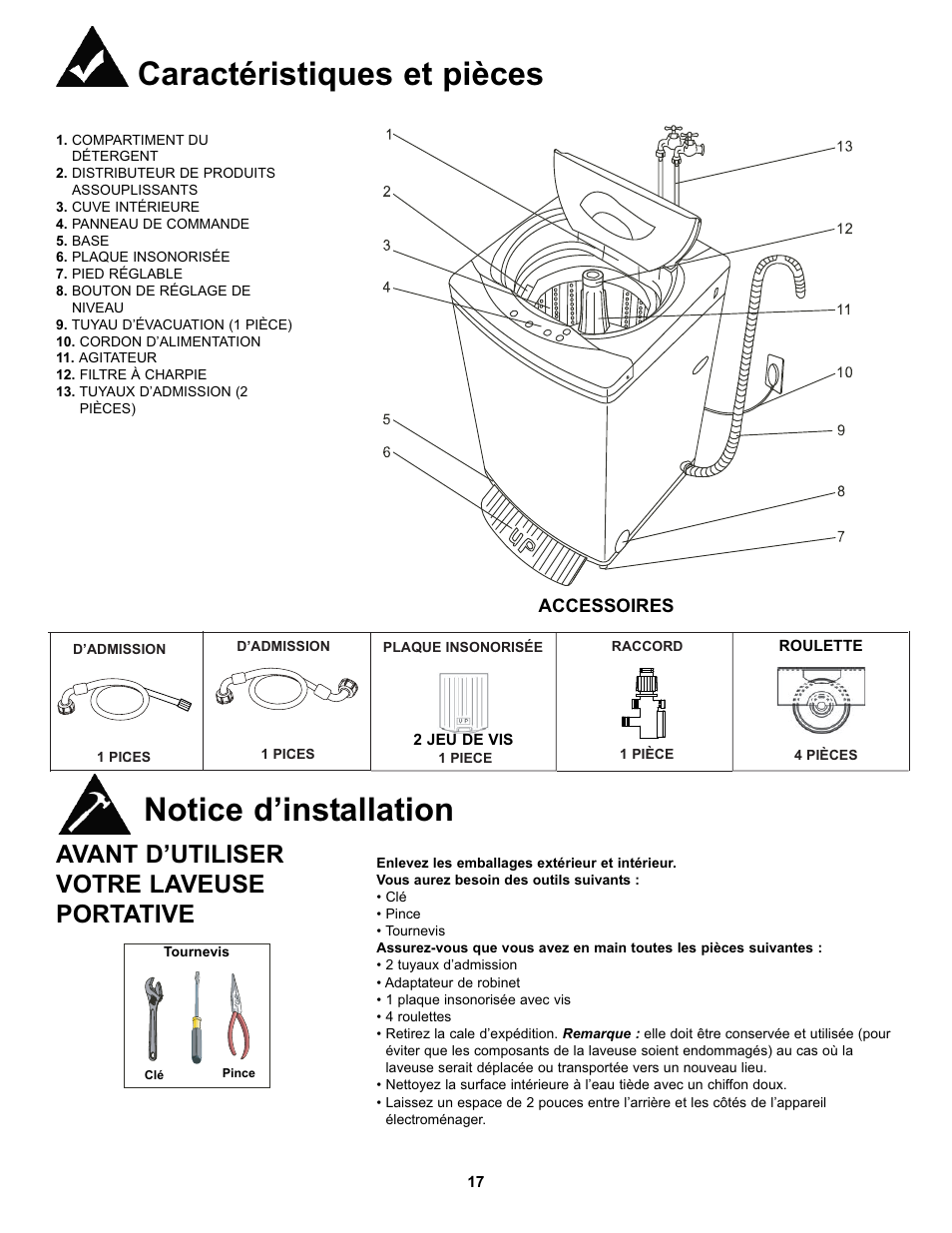 Caractéristiques et pièces notice d’installation, Avant d’utiliser votre laveuse portative | Danby DWM17WDB User Manual | Page 19 / 43