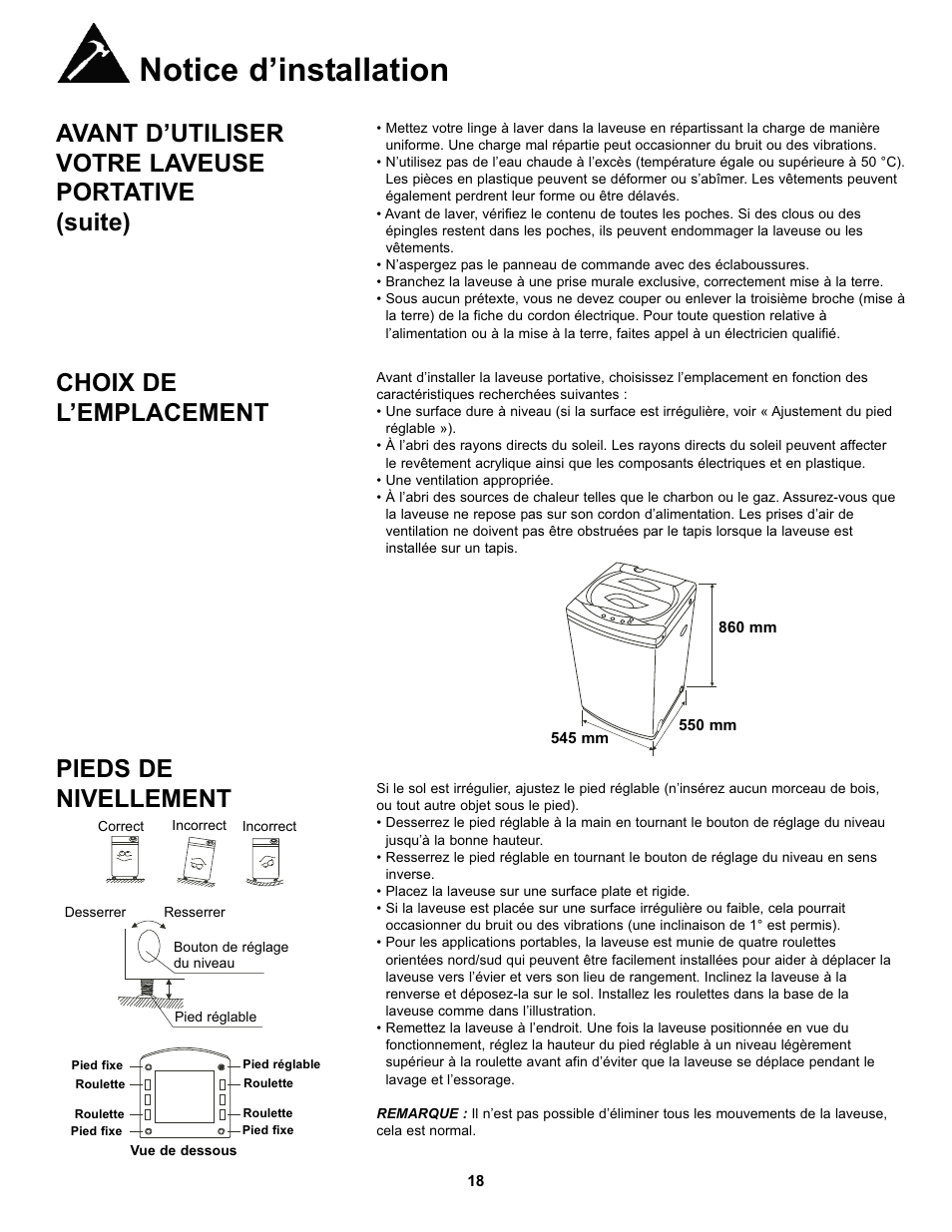 Notice d’installation, Avant d’utiliser votre laveuse portative (suite), Choix de l’emplacement | Pieds de nivellement | Danby DWM17WDB User Manual | Page 20 / 43