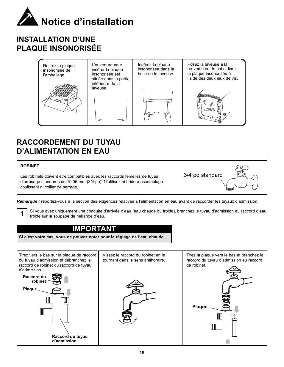 Notice d’installation, Installation d’une plaque insonorisée, Raccordement du tuyau d’alimentation en eau | Important | Danby DWM17WDB User Manual | Page 21 / 43