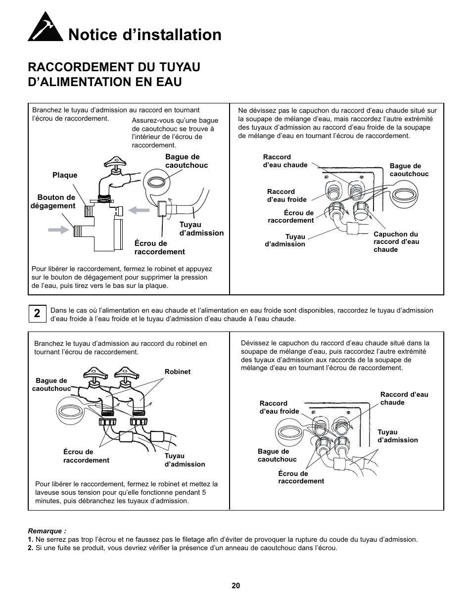 Notice d’installation, Raccordement du tuyau d’alimentation en eau | Danby DWM17WDB User Manual | Page 22 / 43