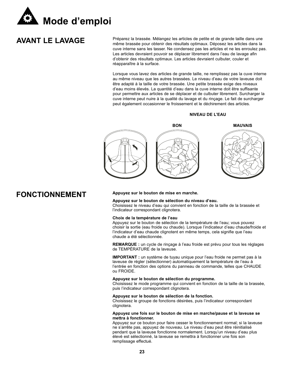 Mode d’emploi, Avant le lavage, Fonctionnement | Danby DWM17WDB User Manual | Page 25 / 43