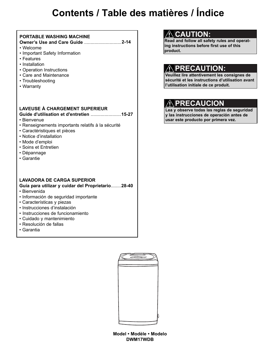 Danby DWM17WDB User Manual | Page 3 / 43