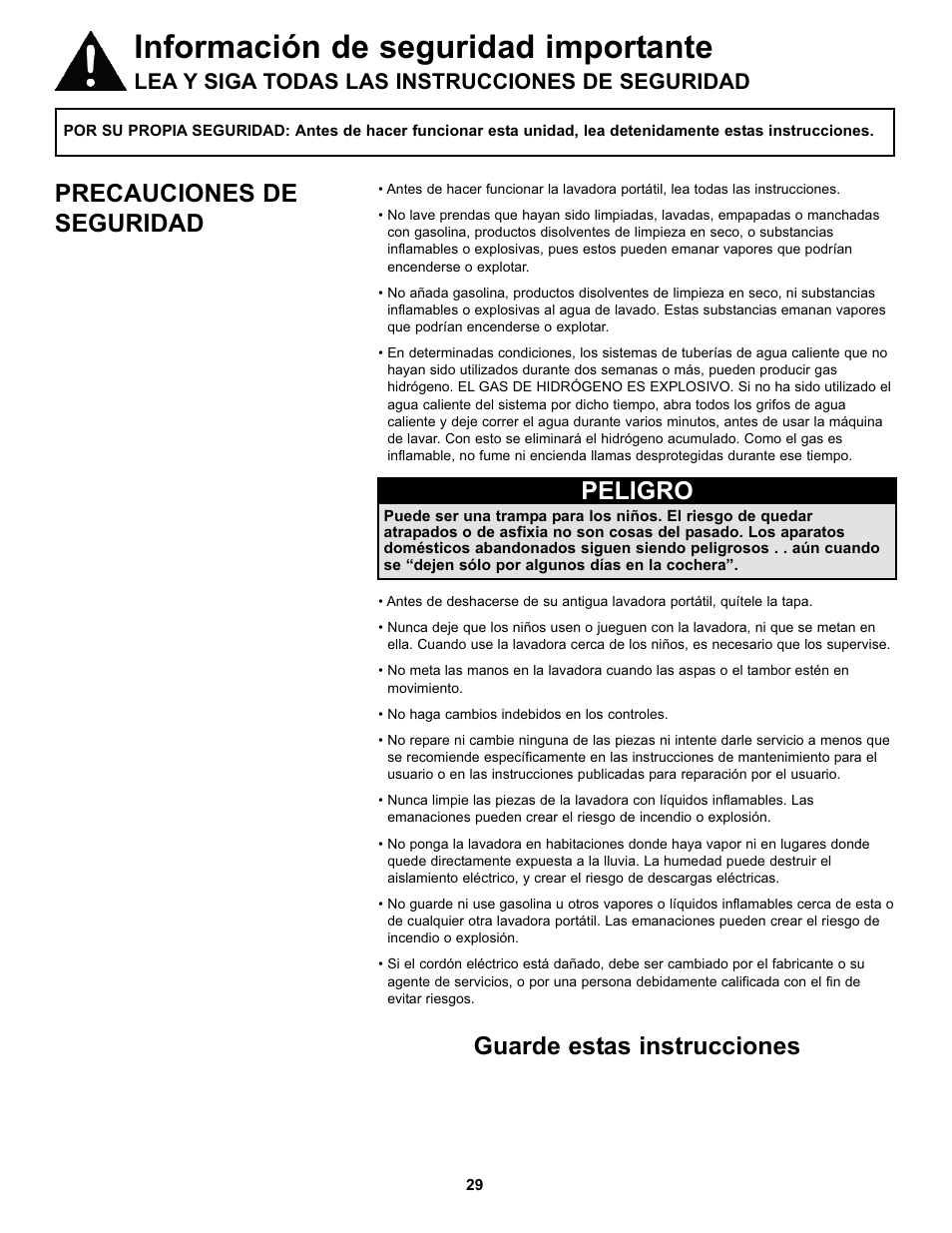 Información de seguridad importante, Precauciones de seguridad, Guarde estas instrucciones | Peligro, Lea y siga todas las instrucciones de seguridad | Danby DWM17WDB User Manual | Page 31 / 43