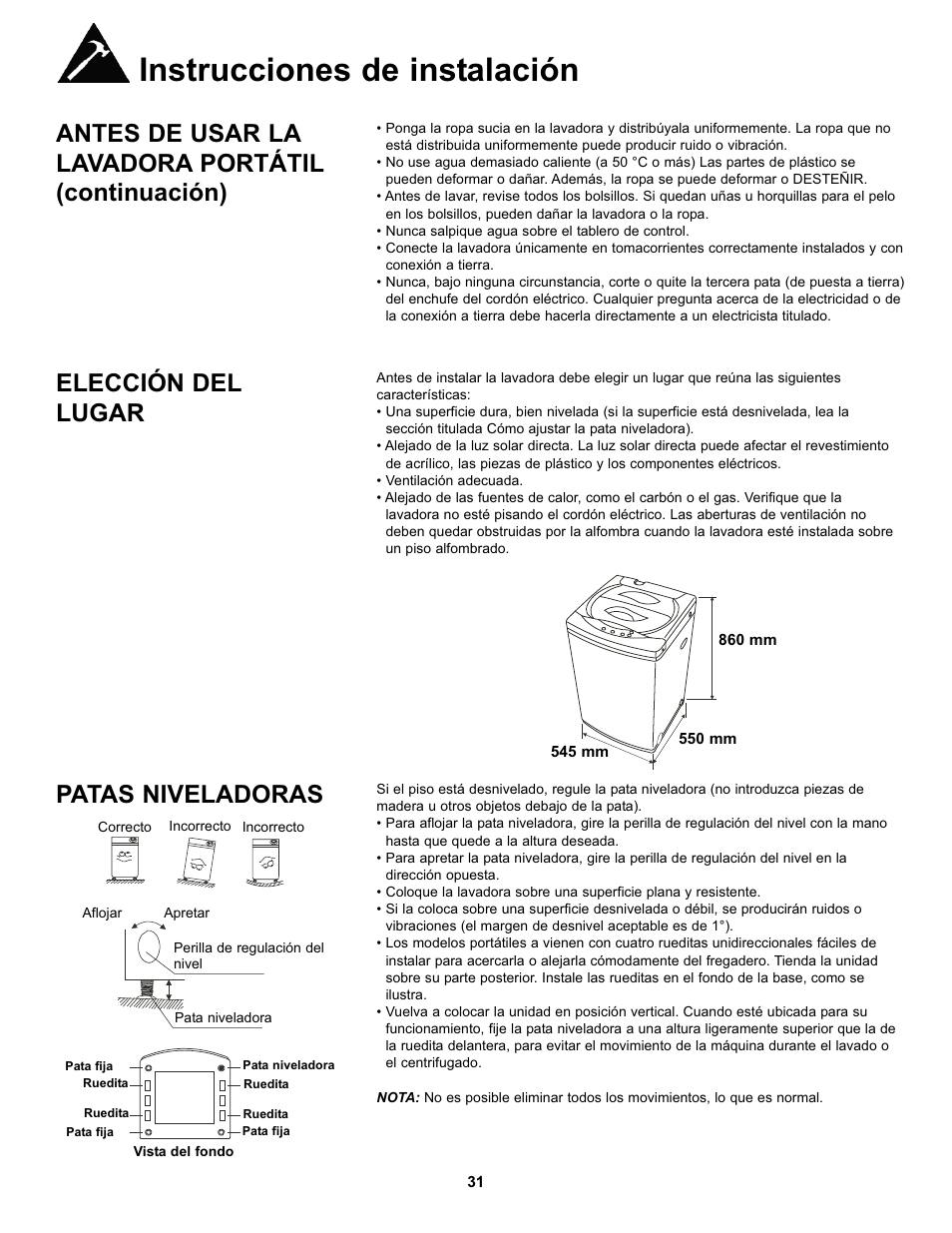 Instrucciones de instalación, Antes de usar la lavadora portátil (continuación), Elección del lugar | Patas niveladoras | Danby DWM17WDB User Manual | Page 33 / 43