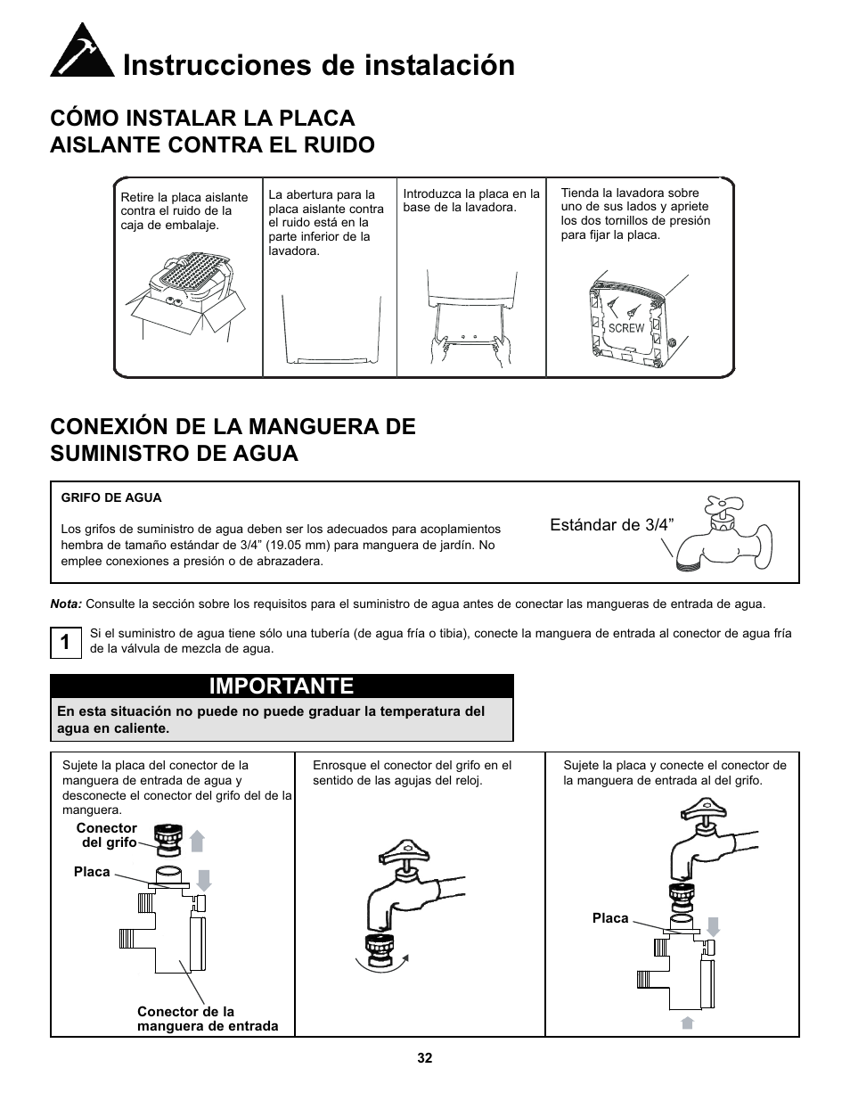 Instrucciones de instalación, Cómo instalar la placa aislante contra el ruido, Conexión de la manguera de suministro de agua | Importante | Danby DWM17WDB User Manual | Page 34 / 43