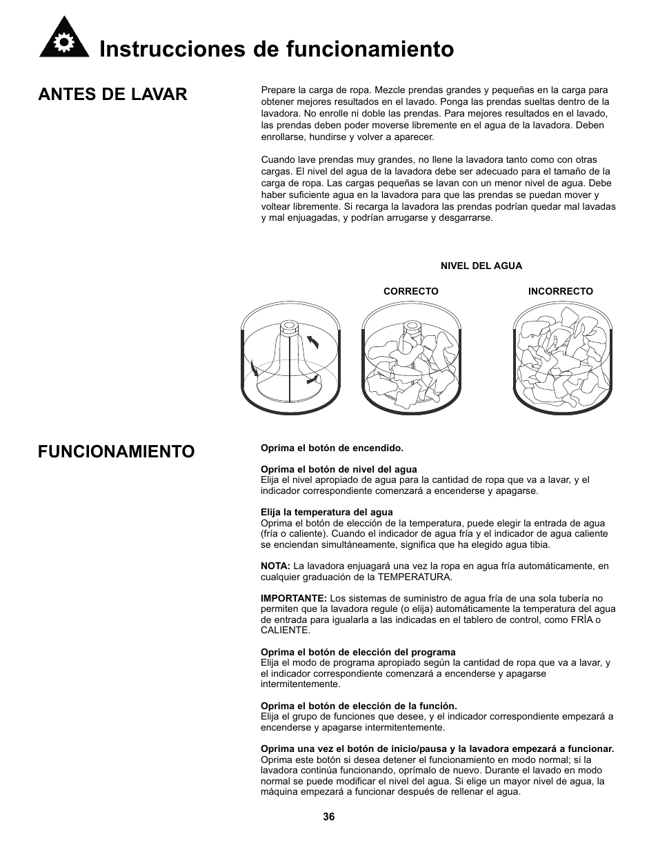 Instrucciones de funcionamiento, Antes de lavar, Funcionamiento | Danby DWM17WDB User Manual | Page 38 / 43