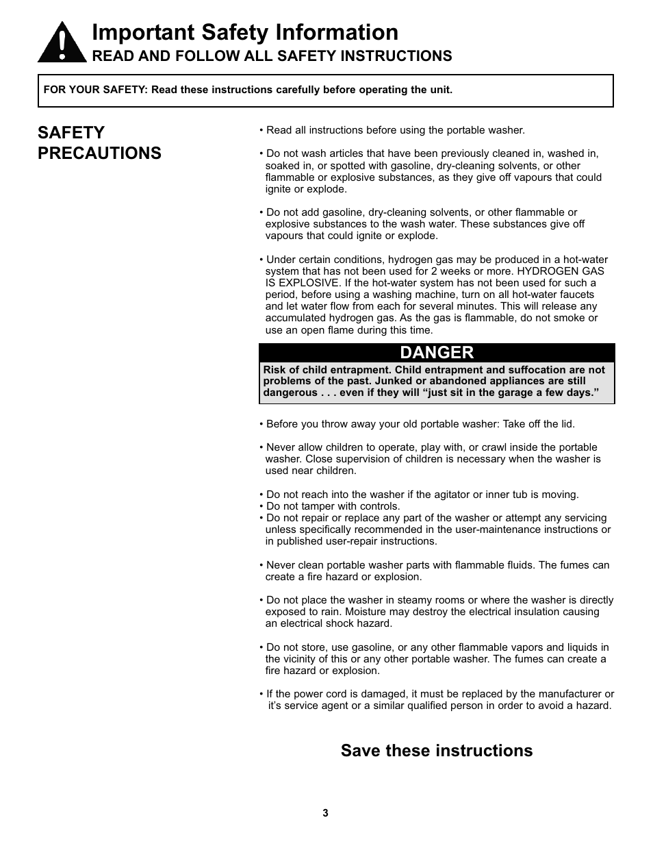 Important safety information, Safety precautions, Save these instructions | Danger, Read and follow all safety instructions | Danby DWM17WDB User Manual | Page 5 / 43