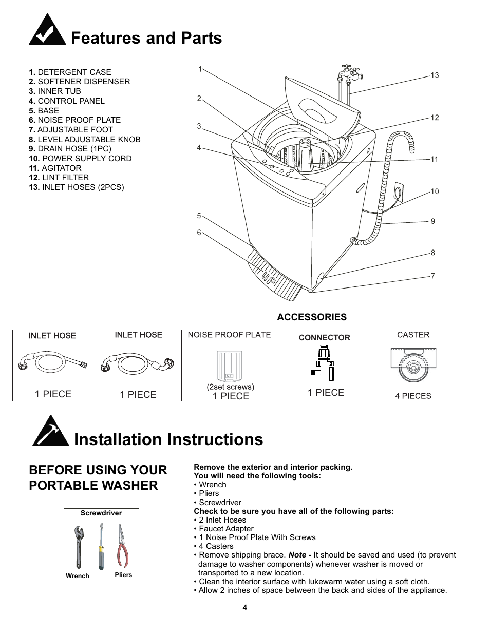 Features and parts installation instructions, Before using your portable washer | Danby DWM17WDB User Manual | Page 6 / 43