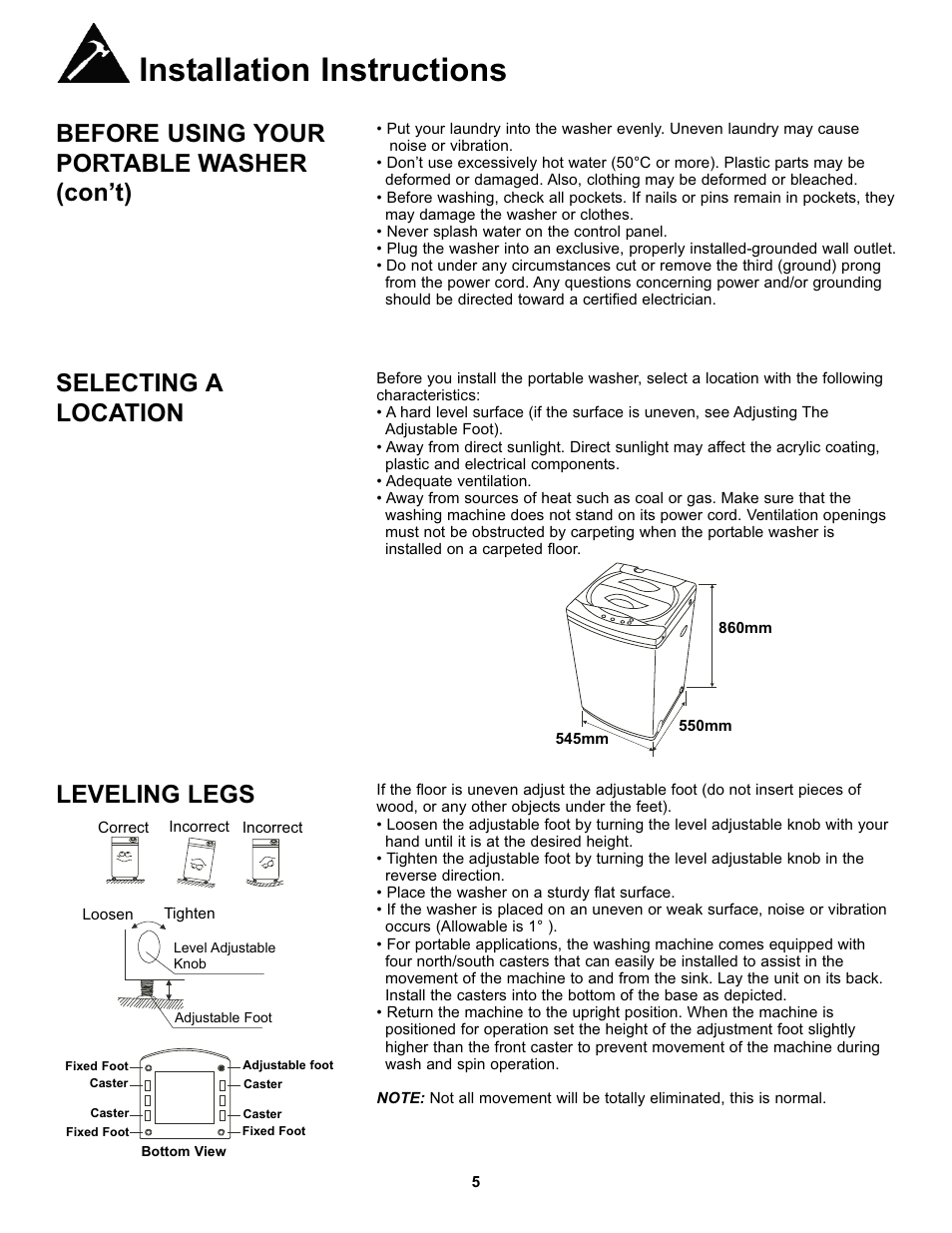 Installation instructions, Before using your portable washer (con’t), Selecting a location | Leveling legs | Danby DWM17WDB User Manual | Page 7 / 43