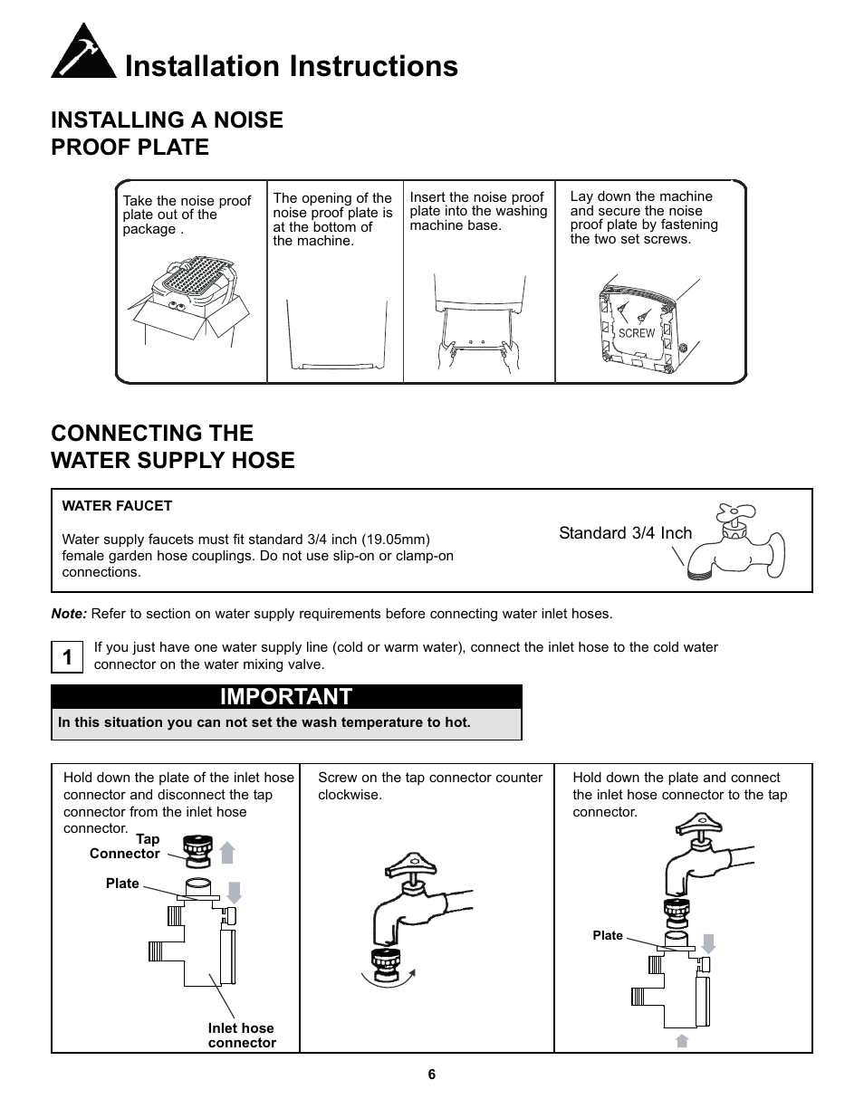 Installation instructions, Installing a noise proof plate, Connecting the water supply hose | Important | Danby DWM17WDB User Manual | Page 8 / 43