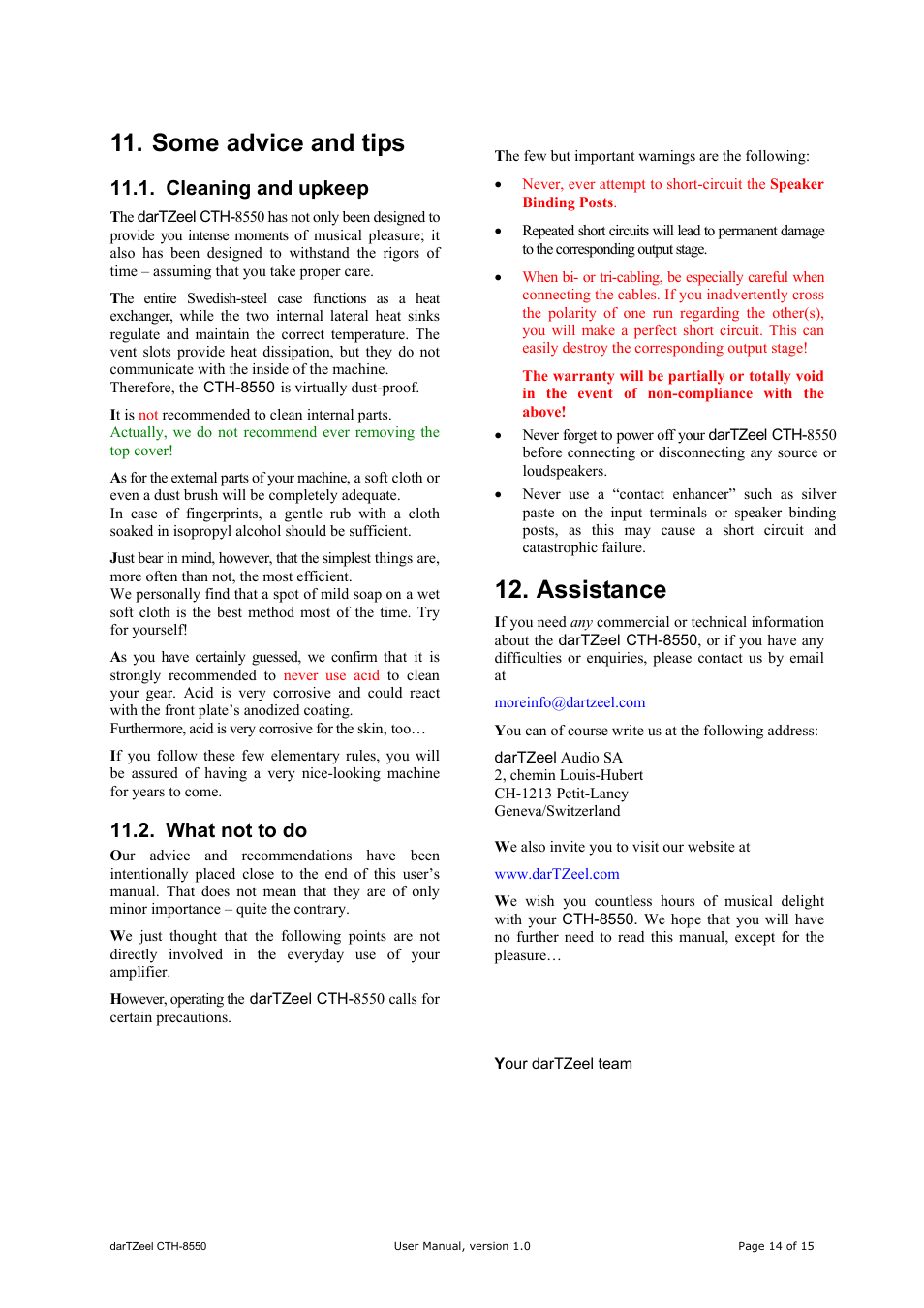 Some advice and tips, Assistance, Cleaning and upkeep | What not to do | darTZeel Audio CTH-8550 User Manual | Page 14 / 15