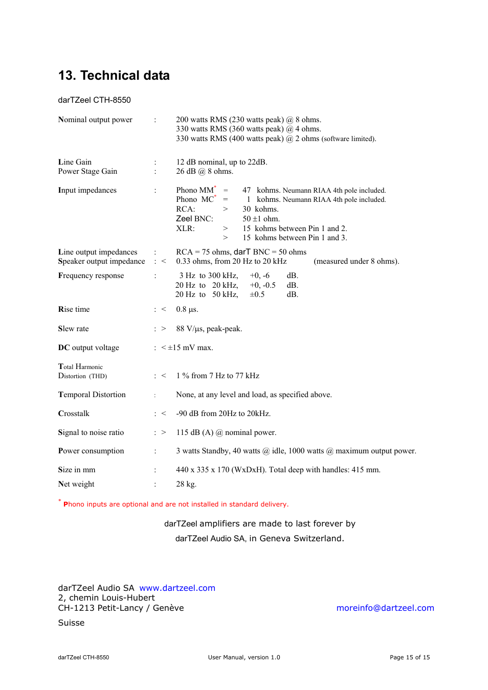 Technical data | darTZeel Audio CTH-8550 User Manual | Page 15 / 15