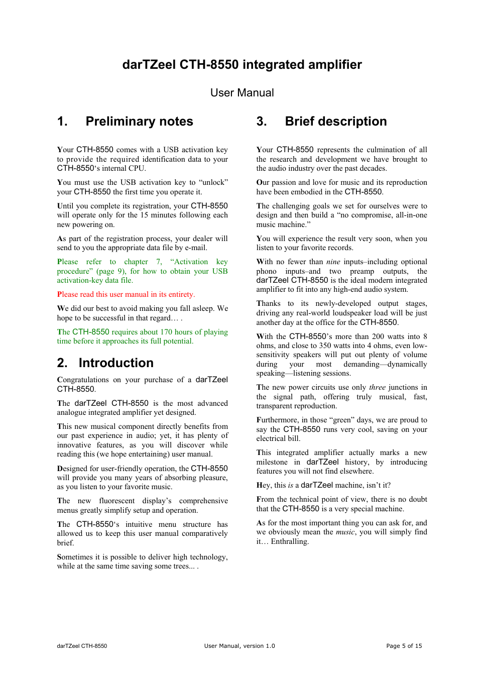 Dartzeel cth-8550 integrated amplifier, Introduction, Brief description | User manual | darTZeel Audio CTH-8550 User Manual | Page 5 / 15