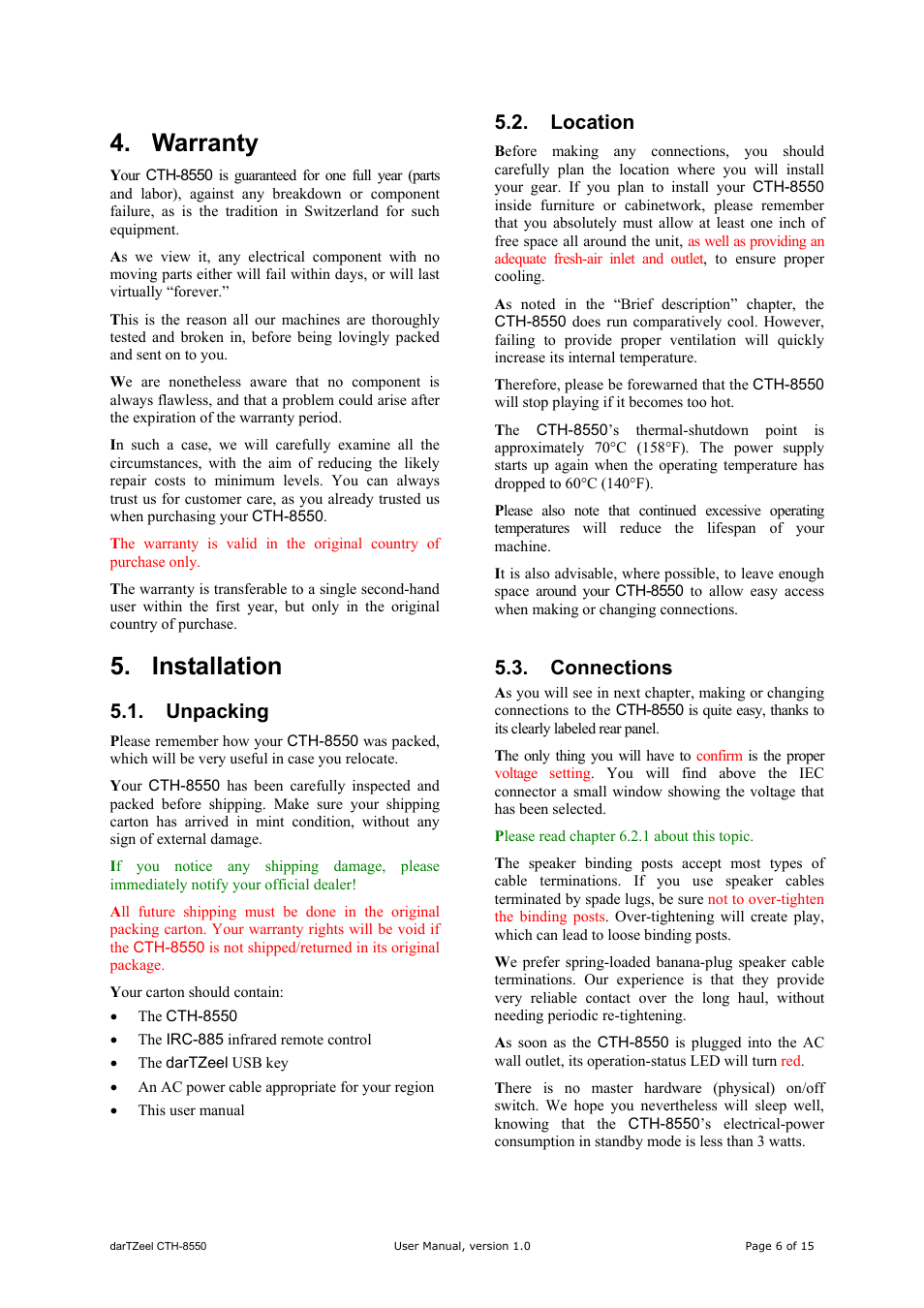 Warranty, Installation, Unpacking | Location, Connections | darTZeel Audio CTH-8550 User Manual | Page 6 / 15