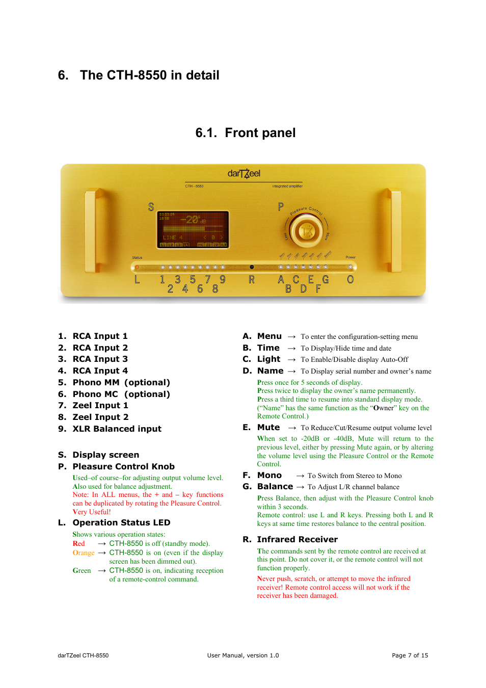 The cth-8550 in detail, Front panel | darTZeel Audio CTH-8550 User Manual | Page 7 / 15