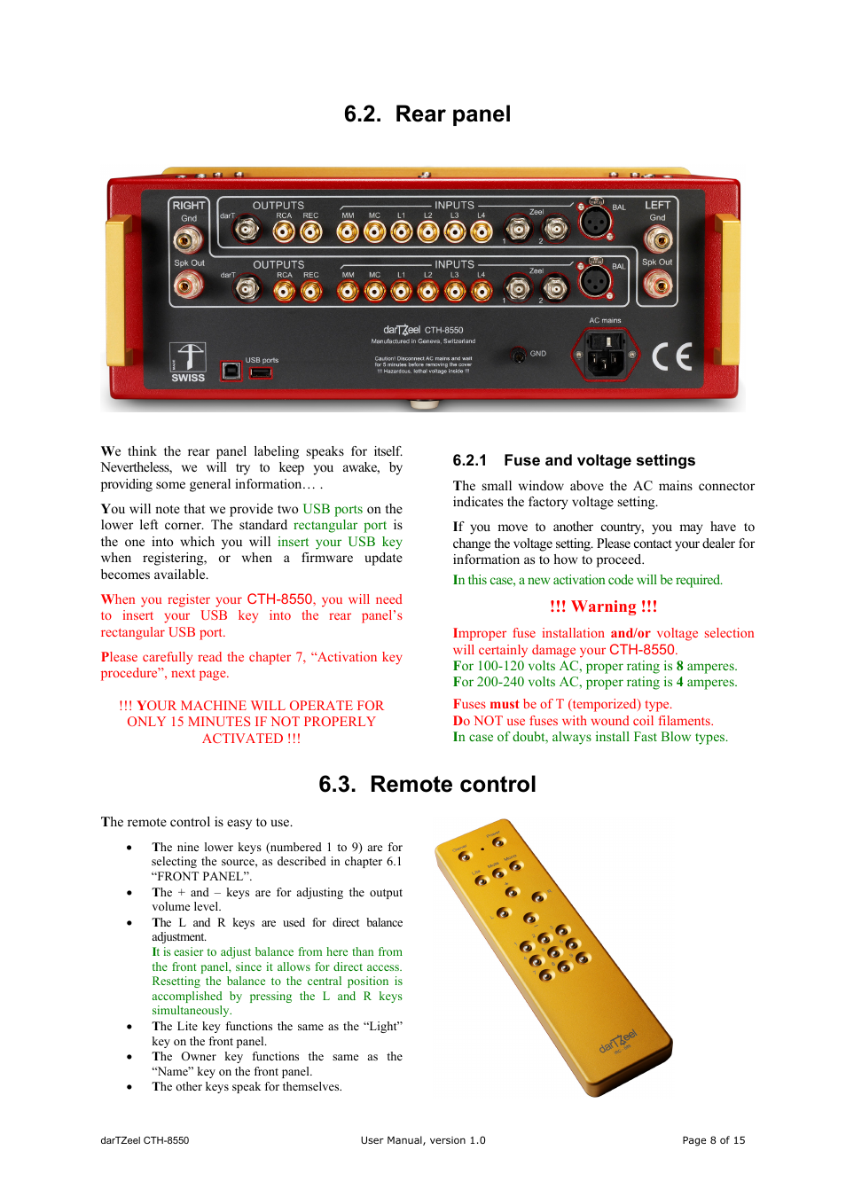 Rear panel, Remote control | darTZeel Audio CTH-8550 User Manual | Page 8 / 15