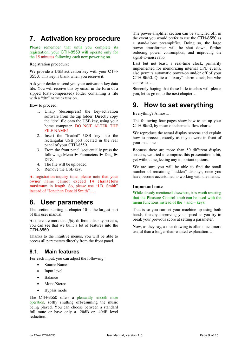 Activation key procedure, User parameters, How to set everything | darTZeel Audio CTH-8550 User Manual | Page 9 / 15