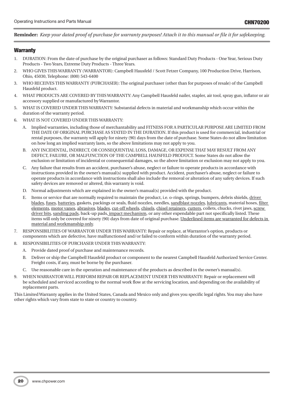 Warranty | Campbell Hausfeld IN727900AV User Manual | Page 20 / 60