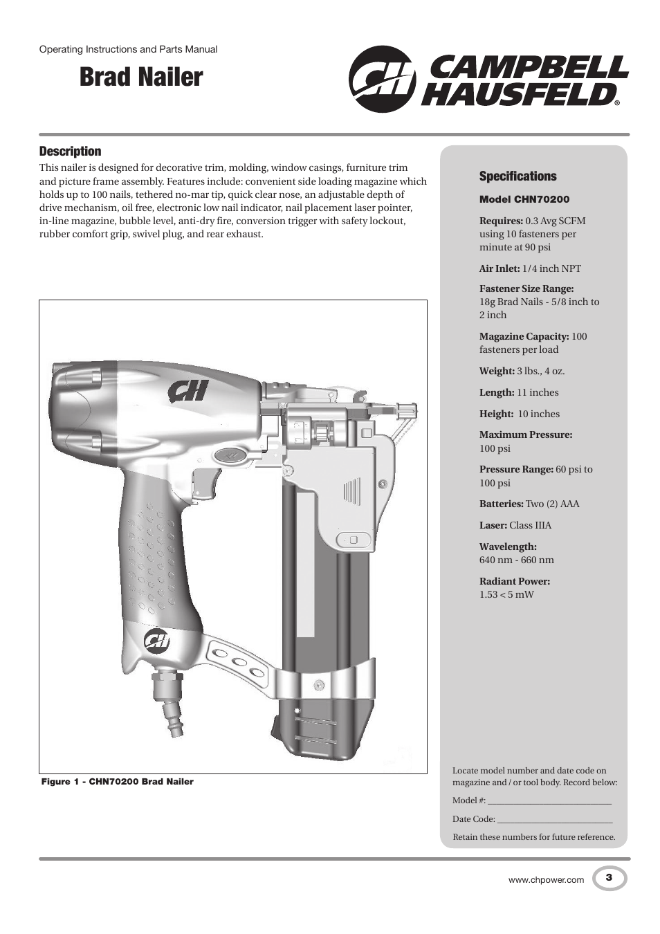 Brad nailer, Description, Specifications | Campbell Hausfeld IN727900AV User Manual | Page 3 / 60